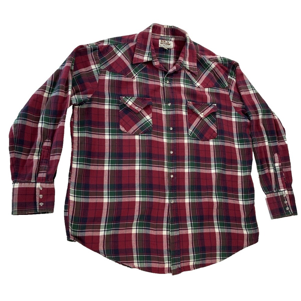 VTG Ely Cattleman Men’s Western Flannel Pearl Snap Shirt Red/green Plaid Size XL